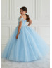 Cold Shoulder Beaded Sky Blue Lace Tulle Sparkling Flower Girl Dress